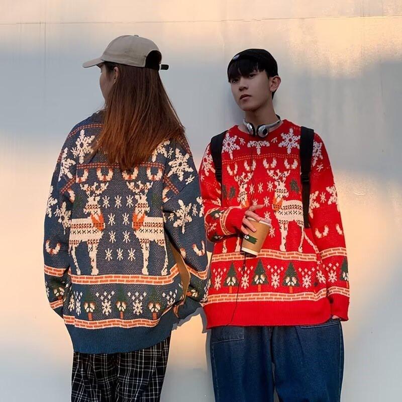Long Sleeve Animal Print Knit Sweater Teens Loose Fit Round Neck Couple Wear Red Blue