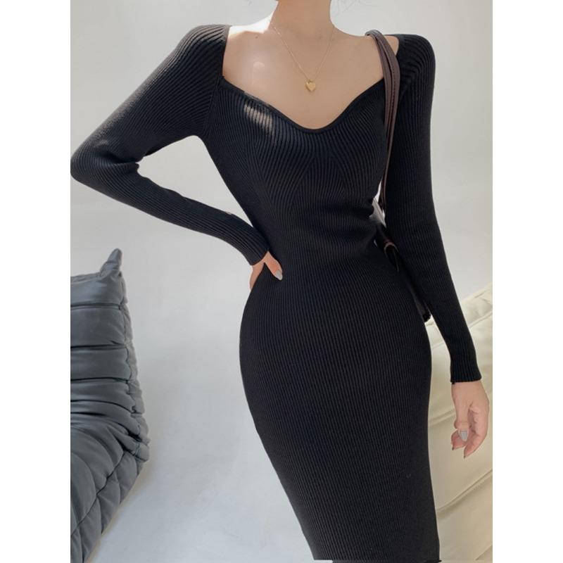 Новое платье с квадратным вырезом, в стиле ретро, для романтичного перерыва на кофе, с длинным рукавом, нежное, осенне-зимнее, нишевый дизайн, стройнящее