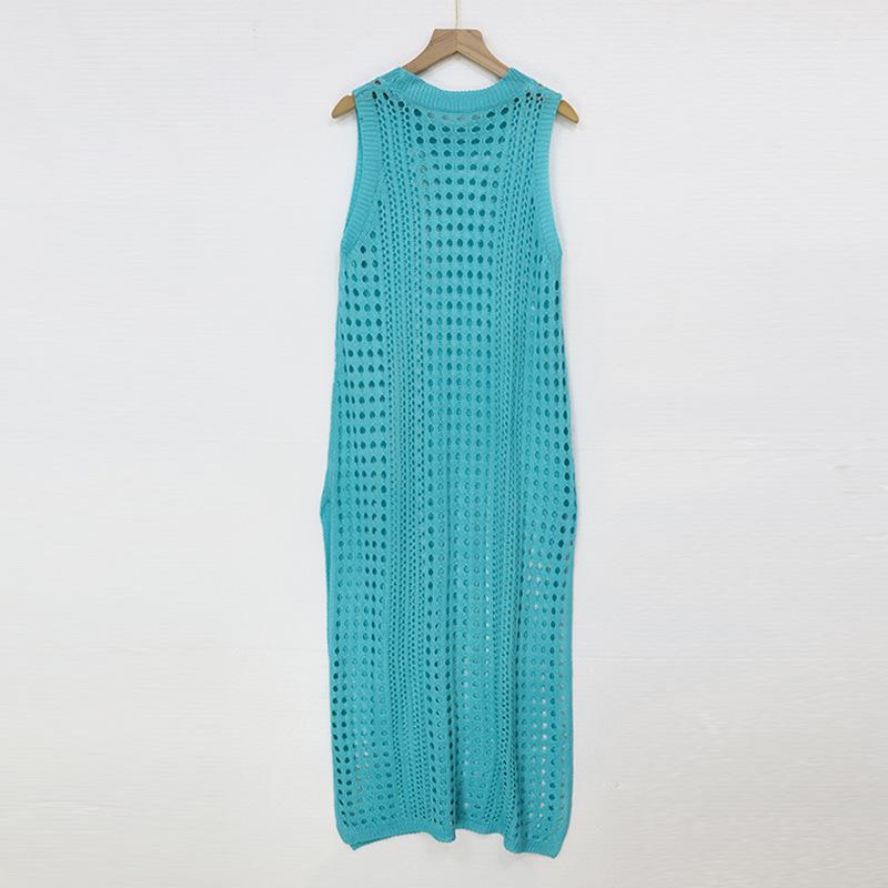 Летний женский полый вязаный жилет, морское длинное платье с круглым вырезом, без рукавов, пляжная накидка