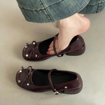 Модные туфли Мэри Джейн на высоком каблуке с грубым каблуком и бантом-заклепкой, женские летние ретро французские простые универсальные кожаные туфли, одинарные туфли