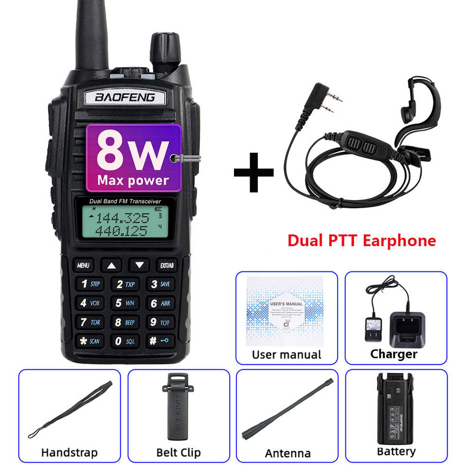Baofeng UV-82 8W High Power Unieke Dual PTT Walkie Talkie UV82 Dual Band VHF/UHF FM 10Km Long Rang Two Way Ham CB Radio Handheld