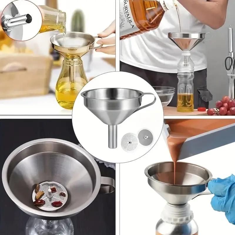 Stainless Steel Funnel Kitchen Oil Liquid Funnel Metal Funnel with Detachable Filter Wide Mouth Funnel for Kitchen Tool