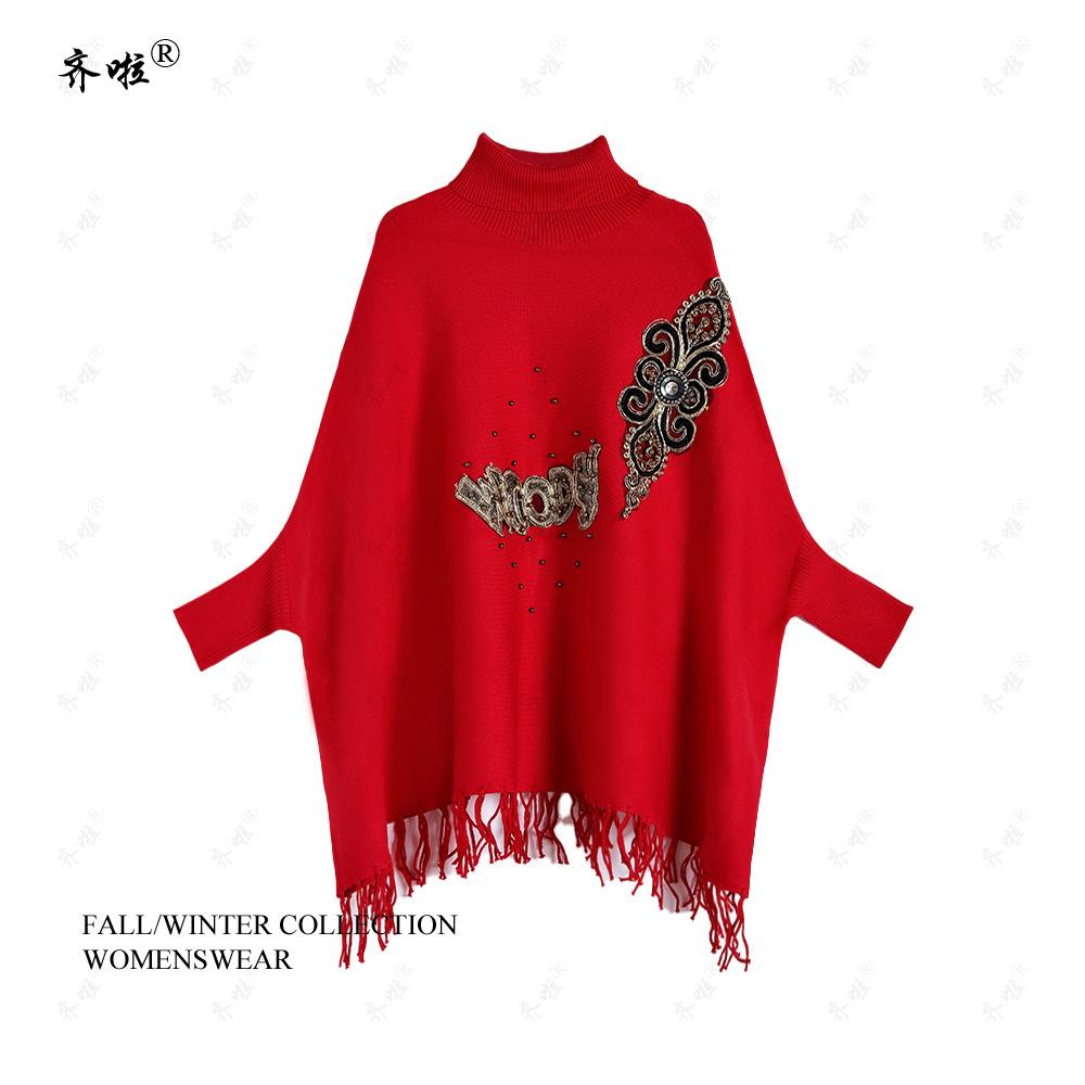 Осень и зима новый шаль накидка женская вышитые бисером буквы рукава летучая мышь средняя и длинная водолазка свитер тонкий вязаный свитер