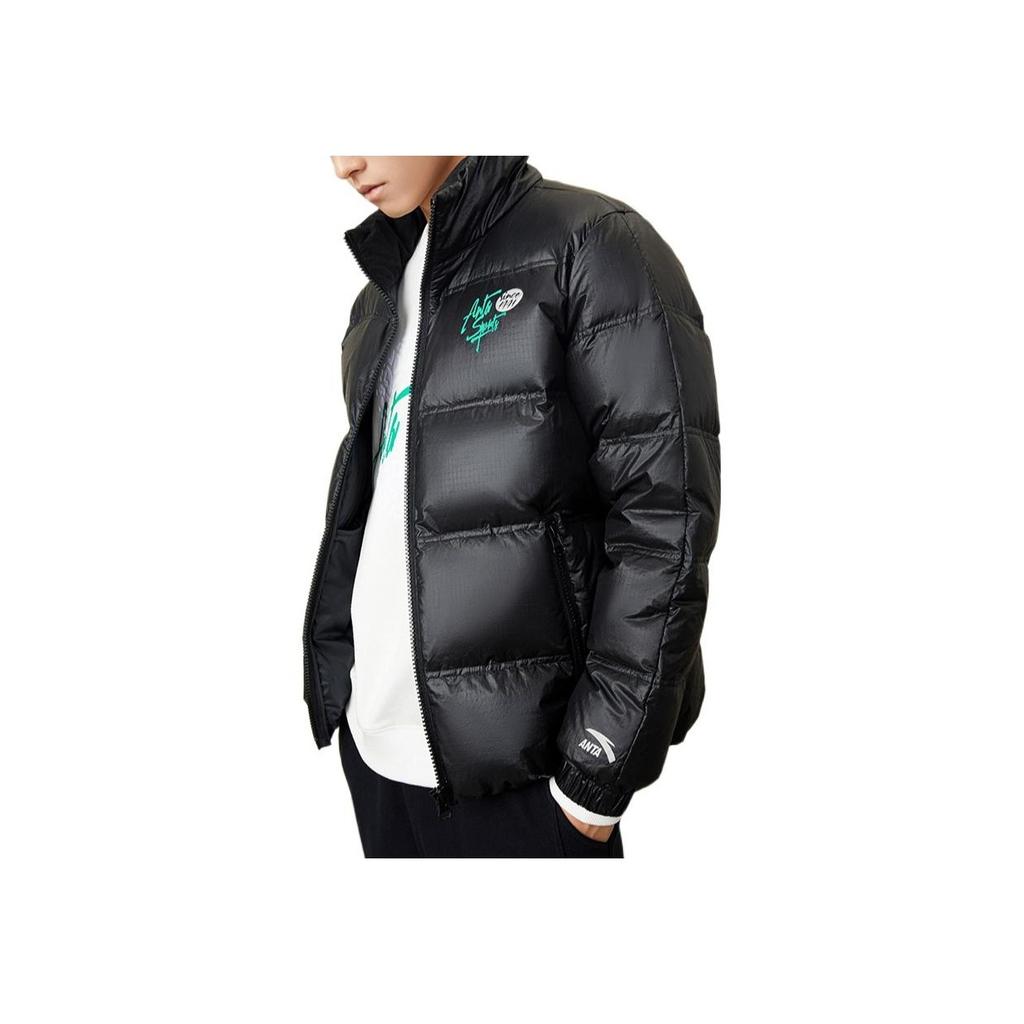 Anta Printed Letter Zip-Up Stand Collar Down Jacket Unisex Outerwear Black 172248924-2