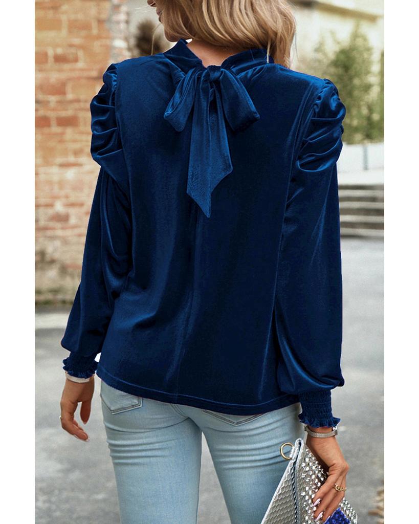 Azura Exchange Небесно-голубая огненная бархатная блузка с воротником-стойкой и рукавами-фонариками