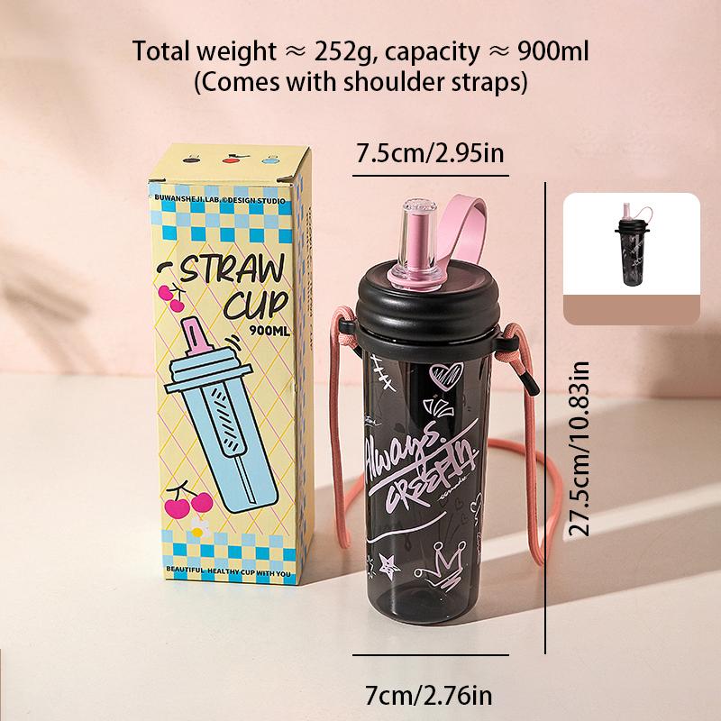 Летний спортивный пластиковый стакан для воды для прогулок, портативный студенческий стакан с соломинкой, мультяшный принт, маленький свежий стакан для воды для дома, 900 мл