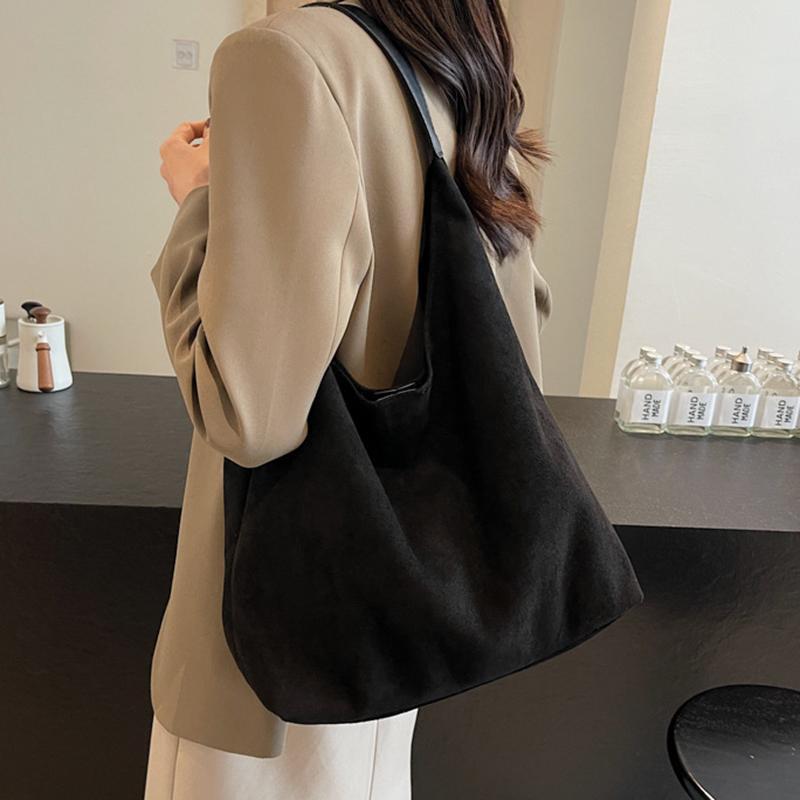 Women Suede Shoulder Bag Retro Single Shoulder Bag Large Capacity Simple Tote Handbag Solid Color Hasp Closure Top Handle Bag