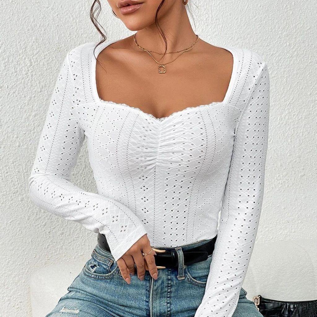 2023 European & American Sweetheart Collar Embroidered Eyelet Pleated Bust Lace T-Shirt for Women