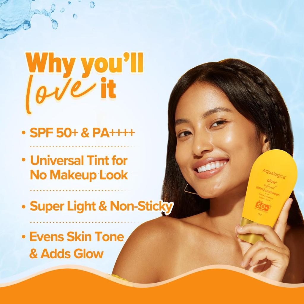 Aqualogica Glow Plus Tinted Sunscreen SPF 50 PA++++ Universal Tint Lightweight Daily Sun Protection 50 g Cream