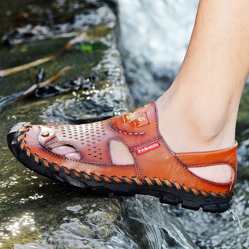 Мужская обувь из натуральной кожи, мужские сандалии, прочная нескользящая обувь ручной работы с закрытым носком для дома и улицы, пляжа