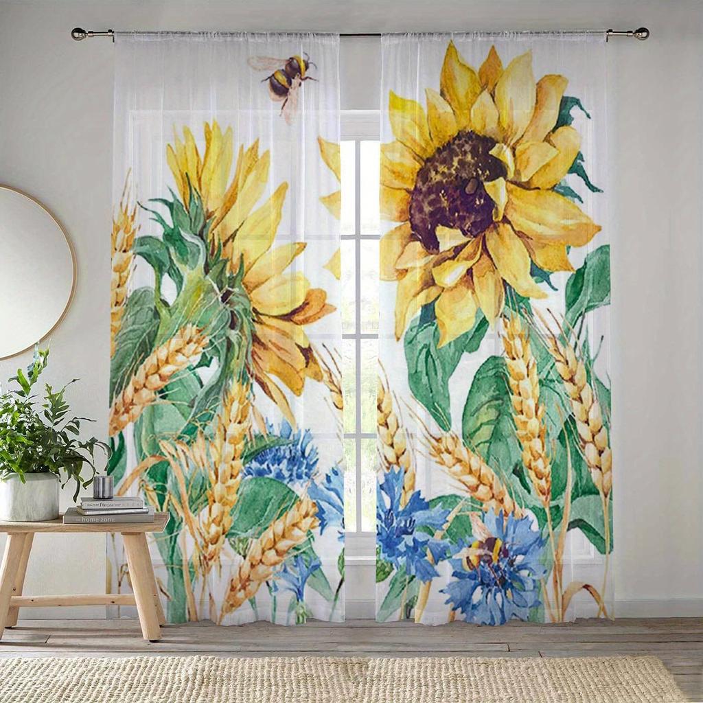 Modern Simplistic Style Sunflower Print Drapes for Living Room Bedroom Decor Rod Pocket Semi-Sheer for Windows Decorations