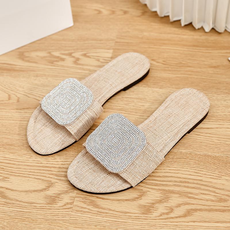 Большие модные тапочки с круглым носком и бриллиантами для женщин, летние, крутые, пляжные тапочки для улицы