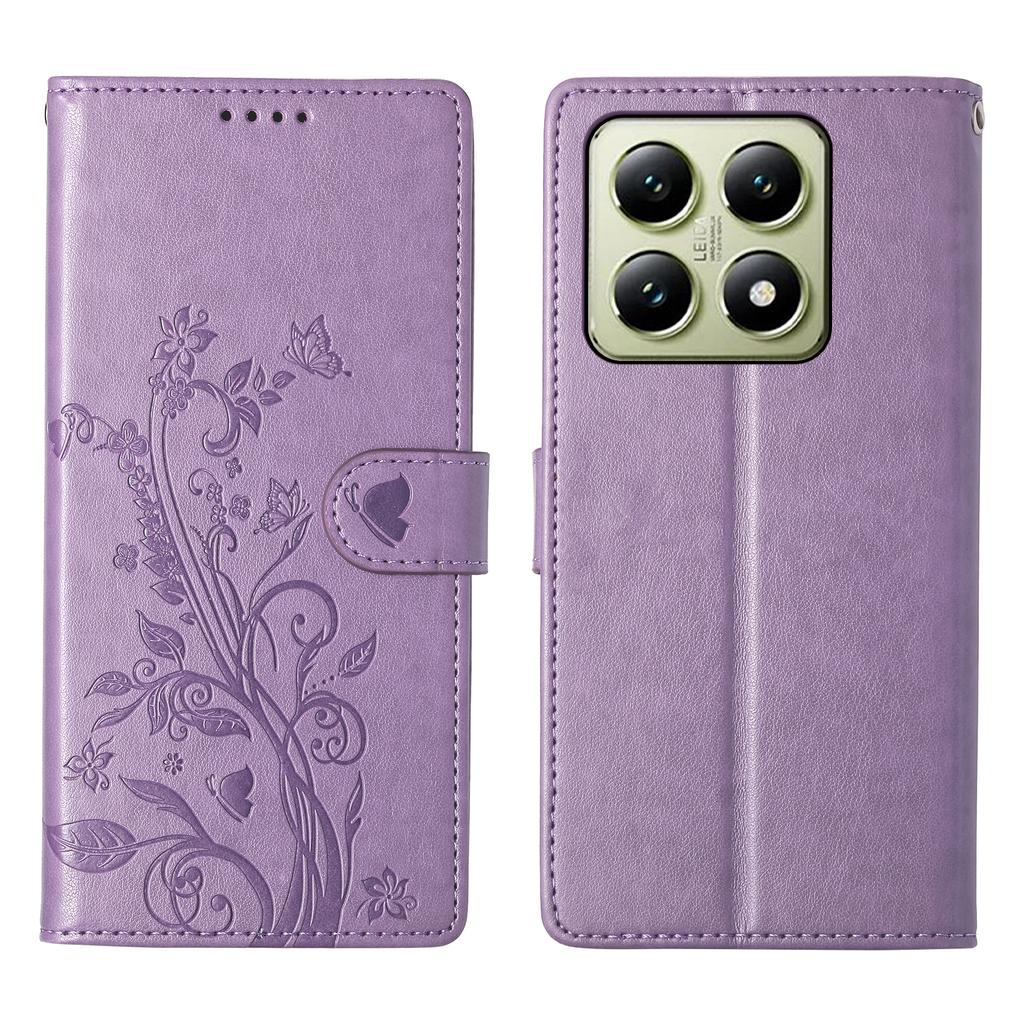 For Xiaomi 14T Wallet Case Butterfly Floral Imprint PU Leather Phone Cover with Wrist Strap