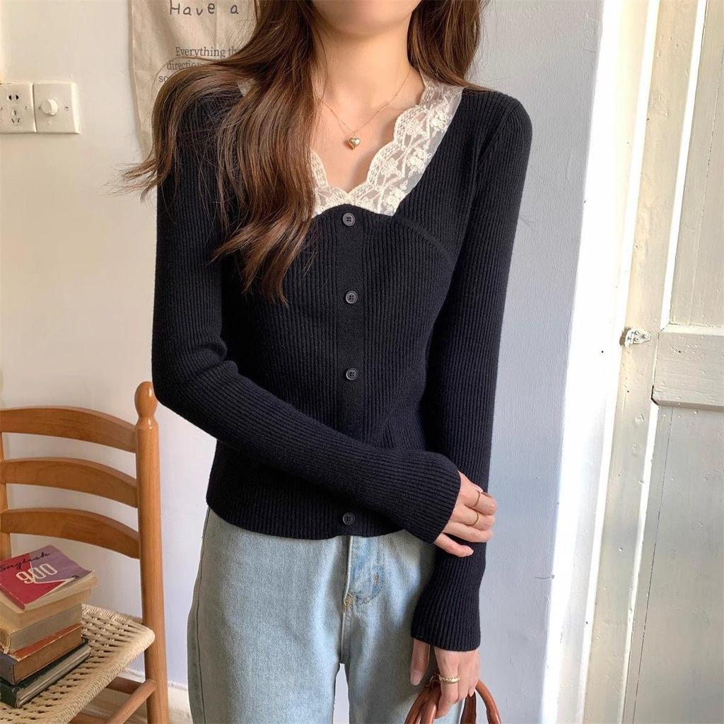 Модный кружевной трикотажный топ с длинным рукавом облегающего кроя, весна/осень 2025