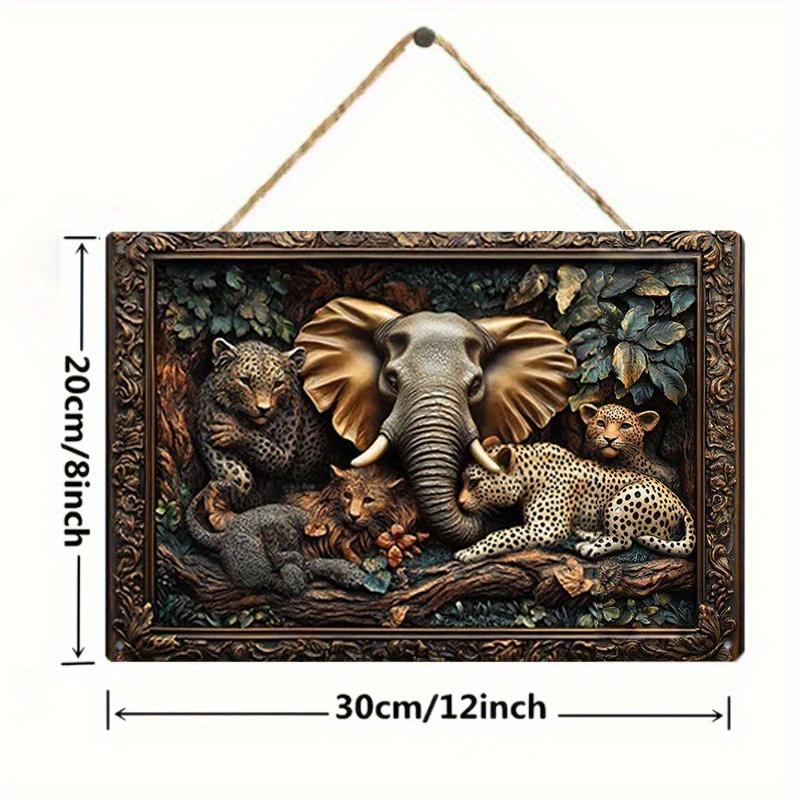 2D Flat Wooden Sign 30*20cm Jungle Essplorer, Vintage Elephant & Leopard Jungle Scene Wooden Wall Art Decorative Sign for Home, Gym, Yacht Decor