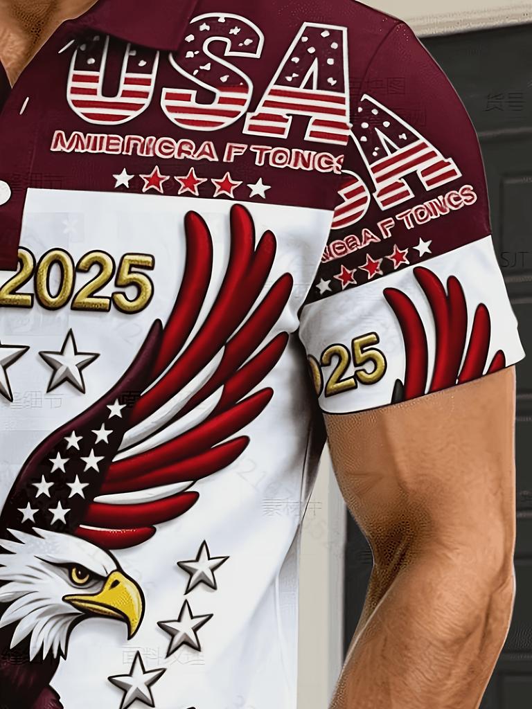 Men's Novelty Polo Shirt, America 260th Anniversary Patriotic Design, Mixed Color, Multiple Specifications Available, Bald Eagle & Flag Elements,