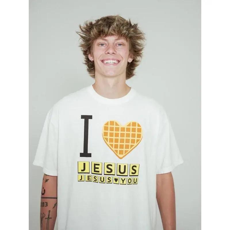 Unisex I Love Jesus Graphic Tee, Soft Cotton Waffle Shirt with Round Neck, Casual Shortsleeve Christian Apparel, Inspirational Novelty Top