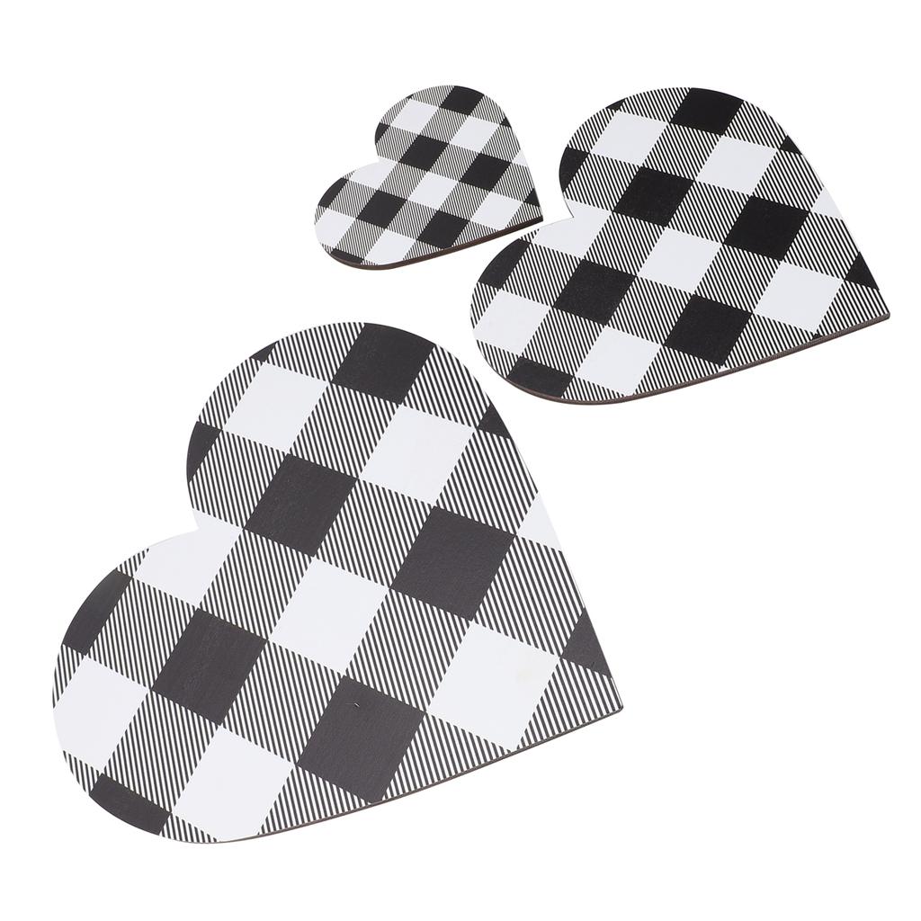 3Pcs Heart Shaped Wood Sign Plaid Wooden Wall Decor Rustic Hanging Plaque for Kitchen Bedroom Bathro