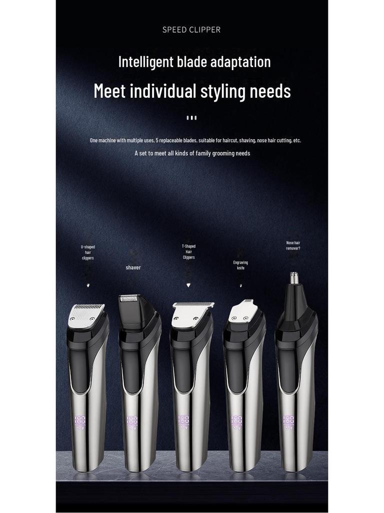 Электрический набор для ухода за мужчинами: 5-в-1 машинка для стрижки волос и бакенбард, триммер для носа и бритвенный набор.