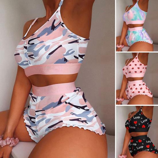 2 шт./компл., женский пижамный комплект, с круглым вырезом, без рукавов, с принтом, на бретелях, эластичный топ с высокой талией, облегающие шорты, домашняя одежда, жилет