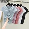 Short Sleeve Drawstring Top Pleated V-neck T-shirt Women's Summer Modal Large Bottom Shirt