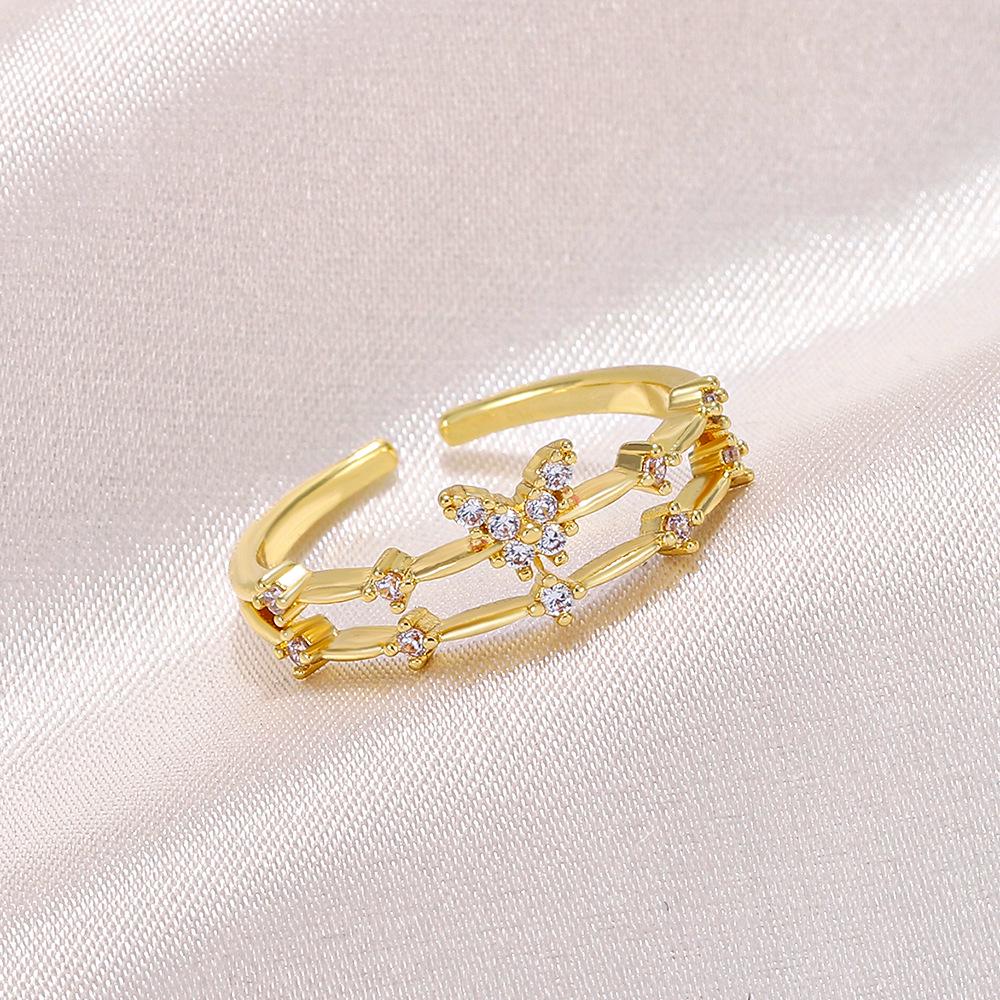 Elegant Geometric Butterfly Ring with Zircon Inlay - Adjustable Double-Layer Design for Women