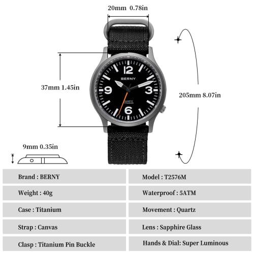 BERNY Titanium Watch Men Men's Watch Men's Watch Japan Sweep Seconds Quartz Movement VH31 5ATM Waterproof Analog Quartz Watch Super Luminous Sapphire