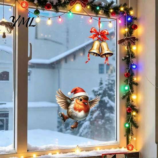 Holiday Gift for Friends Christmas Window Static Sticker, Decorative Reusable Redbreast Decal, PVC Festive Home Decorations Cling Glass Doors
