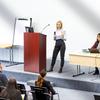 VEVOR Podium Stand, 47 in Hostess Stand with 4 Rolling Wheels, Wood Podium with Storage Shelves, and Slant Desktop, Lecterns & Podiums for Church