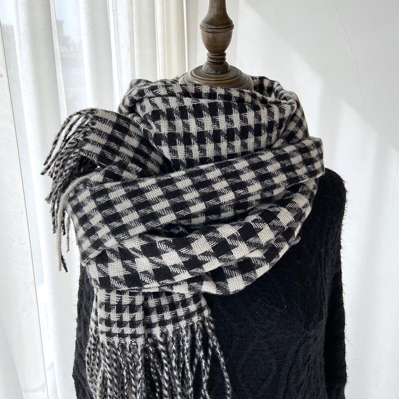 Женский зимний шарф, новый теплый ретро клетчатый контрастного цвета, клетка «тысяча птиц», вязаный шарф с бахромой