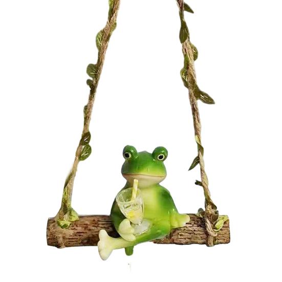 Садовые качели Лягушка Полимерная статуэтка лягушки на качелях с красным вином/напитками в руке для балкона, сада, цветочных горшков, наружного и внутреннего декора