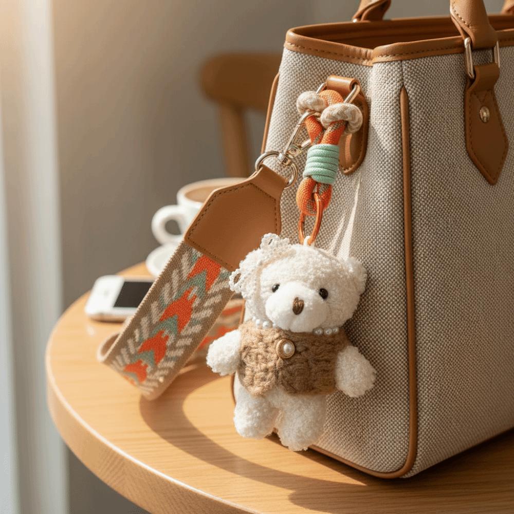 Funny Plush Bear Keychain Bow Pearl Key Ring Lovely Bag Hanging Charms  Girls