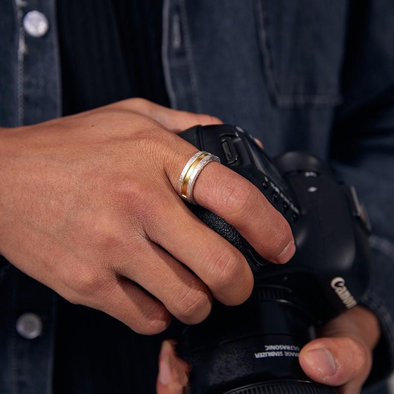 Adjustable Open Ring Men Women Sterling Enamel Geometric Design Minimalist Vintage Style
