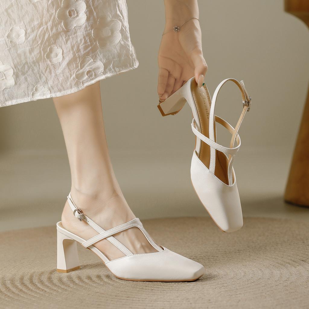 Retro Square Head Mary Jane High Heels Women's 2025 Summer New Thick Heel T-belt Hollow Temperament Versatile Bag Head Sandals