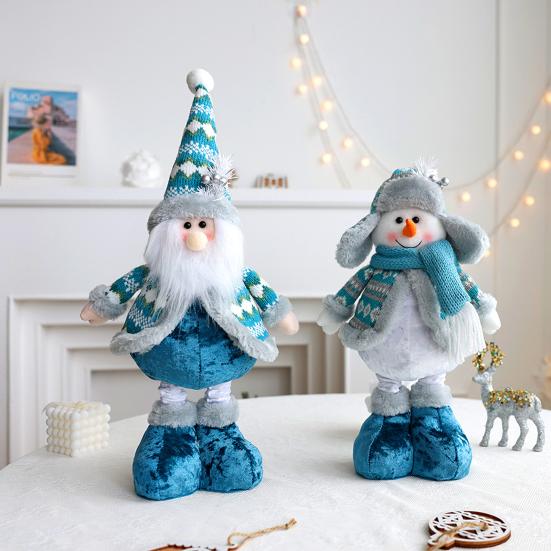 Christmas Doll Ornament Plush Standing Santa Claus Reindeer Snowman Figure with Telescope Leg Blue Gnome Doll Toy for Tree Fireplace Window Table