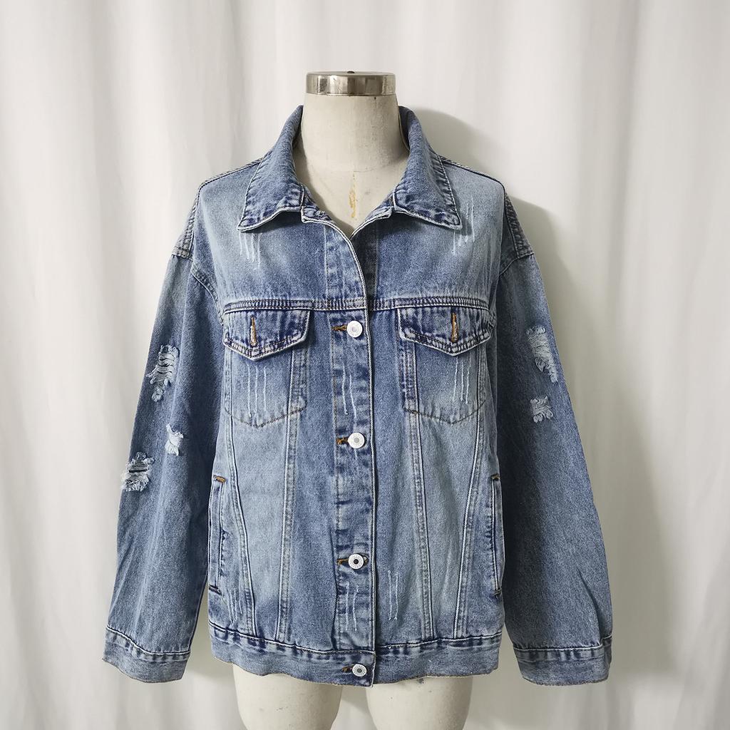 Spring and Autumn Plus Size Denim Jacket Women's Fashion Do Old Holes Long Jacket