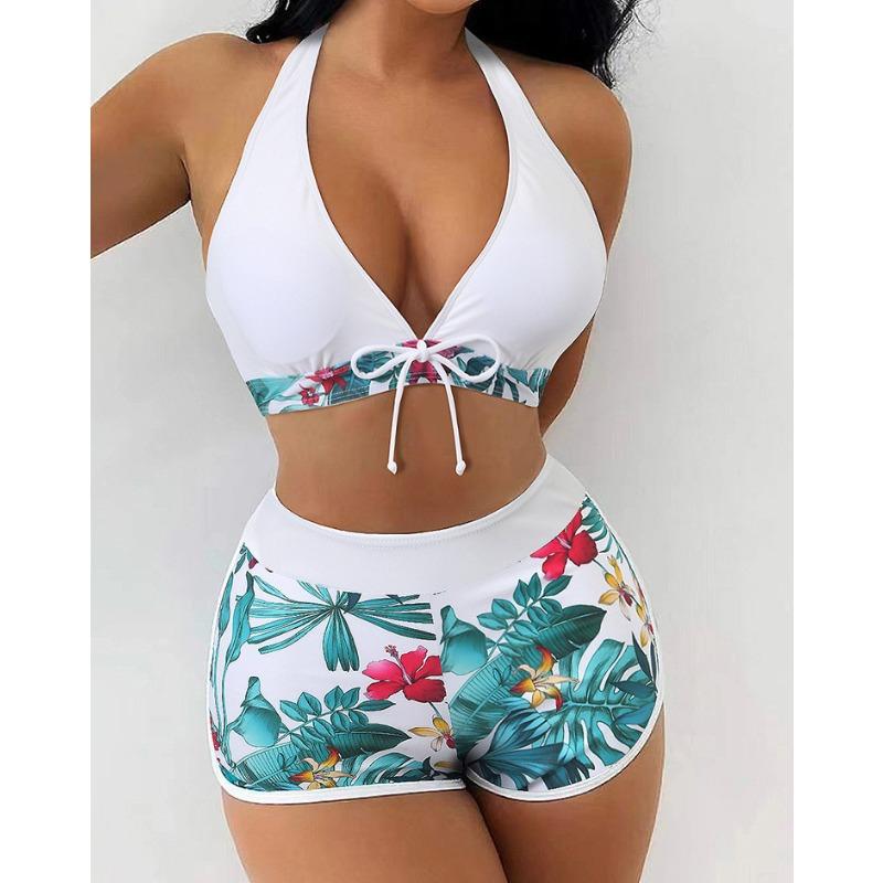 Fashion printed swimsuit new large size women's neck high waist flat angle conservative beach swimsuit