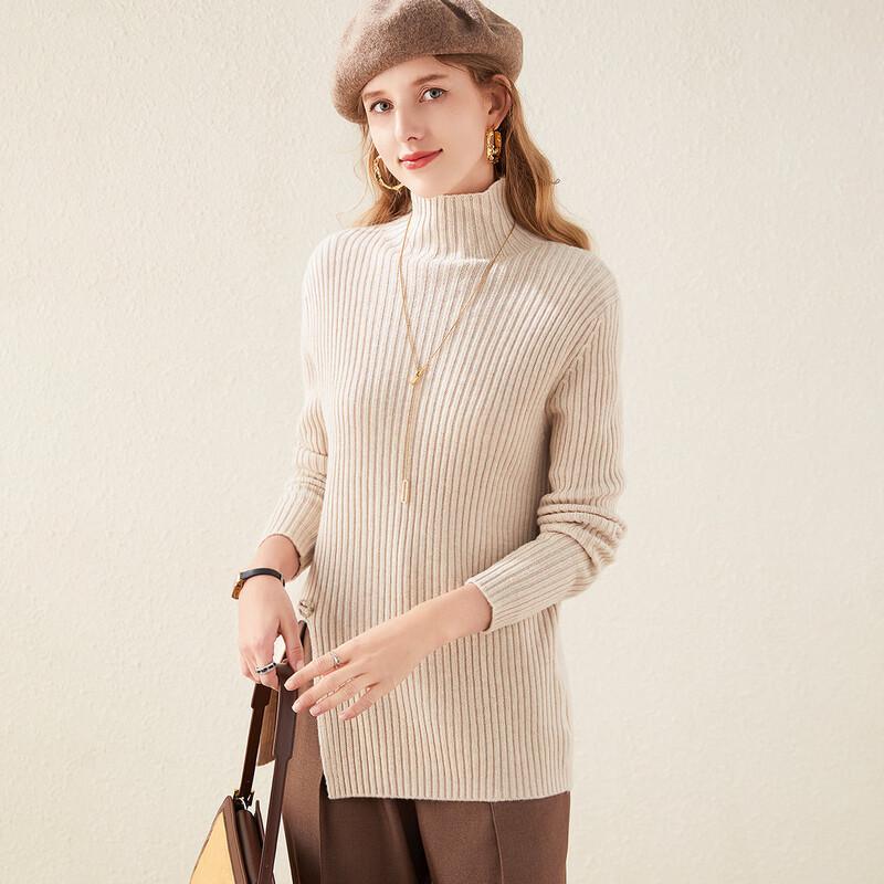 TUHUANG Women's Thickened Ribbed High-Neck Wool Blend Sweater with Split Hem