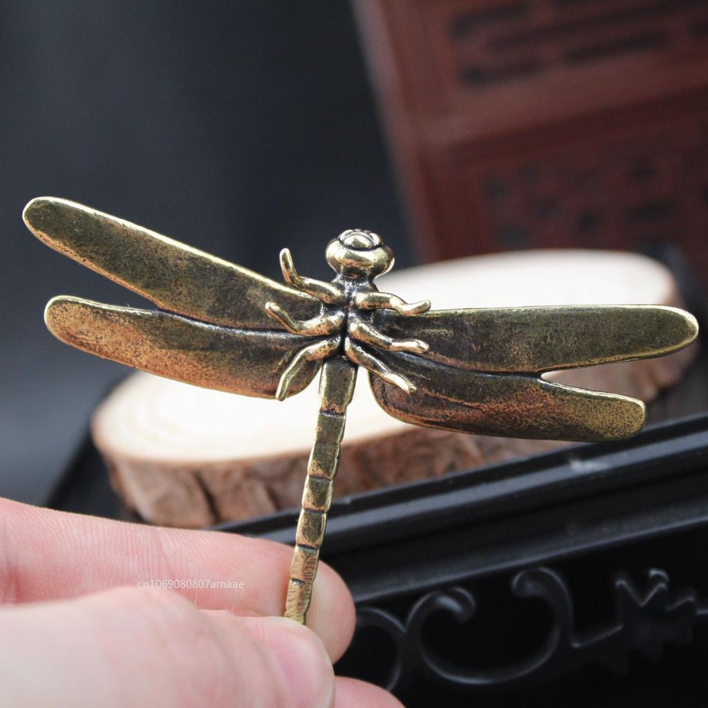 Chinese Style Copper Insect Tea Pet Vintage Dragonfly Figurines Miniatures Desktop Simulation Animal Ornaments Home Decorations