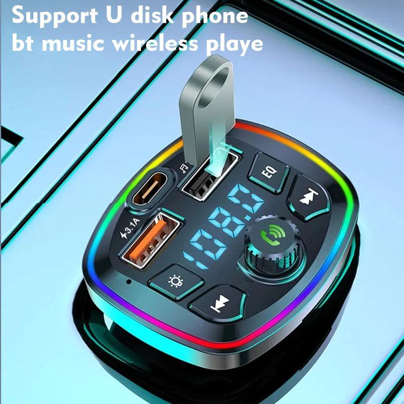 Bluetooth FM Transmitter Multi-Function Atmosphere MP3 Player for Car with QC3.0 Fast Charger, LED Mood Light Music Receiver
