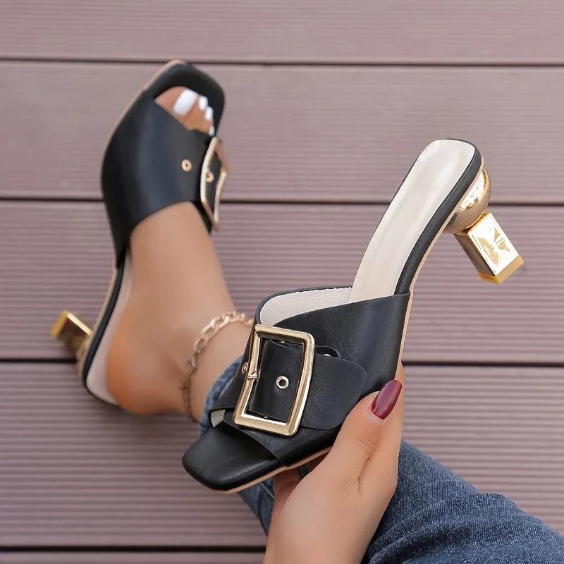 Модная обувь для женщин 2024 года, модные женские туфли с открытой пяткой, летние туфли с открытым носком и пряжкой, однотонные туфли на блочном каблуке, большие размеры