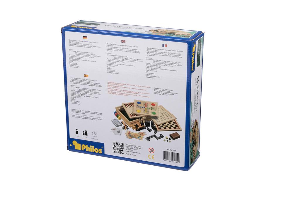 Philos Wooden Game Compendium Games Set 23 см Девять игральных карт для детей и взрослых - 8-в-1 - - Шахматы, Нарды, Шашки, Мужские