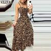 Женская мода лето весна леопардовый принт без рукавов подтяжки высокая талия повседневные платья