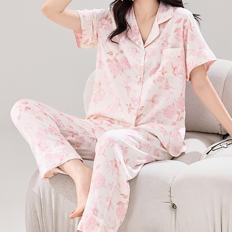 Spring and summer cotton and silk thin pajamas women's short-sleeved trousers set V-neck Korean version lapel button cardigan pajamas