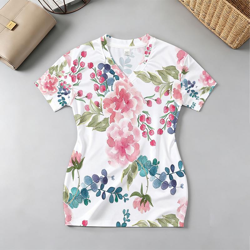 Short Sleeve Slim Fit V-Neck Dress American Casual Fresh Floral Soft Fabric, Versatile for Vacation & Daily Commute