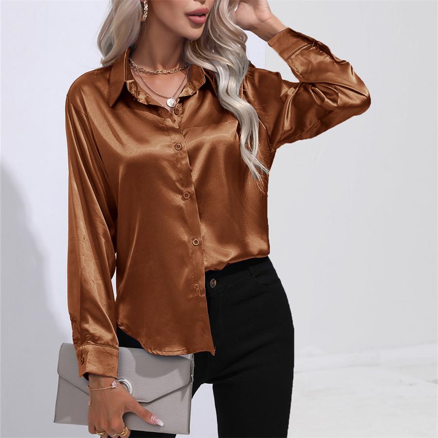 Spring Autumn Satin Blouse Imitation Silk Long Sleeve Shirt for Women's Plus Size Loose Tops