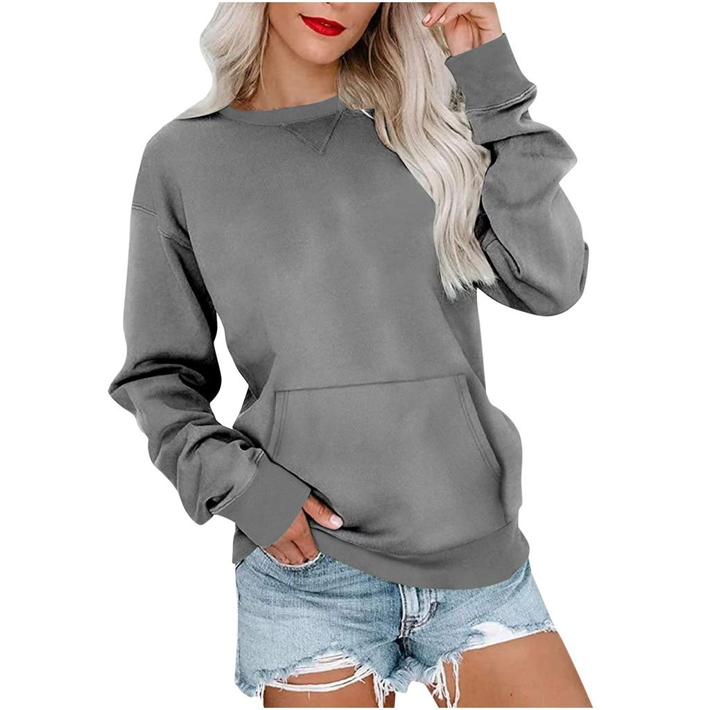 Women's Fashion Sweatshirt Round Neck Long Sleeve Solid Color Casual Loose Pullover Sweatshirt Sweater