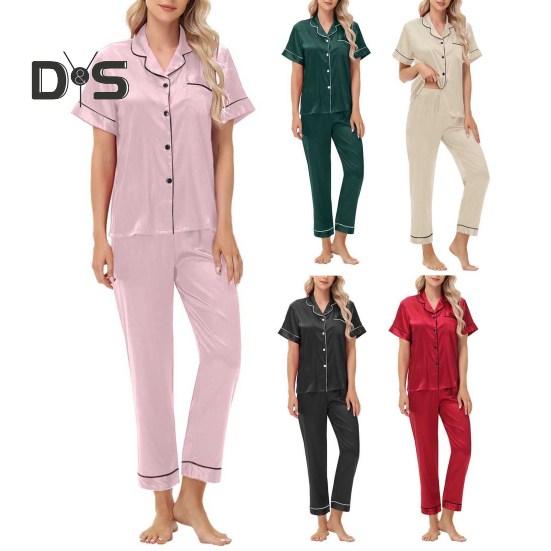 Пижамный костюм из 2 предметов, однобортный, из атласа, шелка, большого размера, кардиган, рубашка с V-образным вырезом, воротник-стойка, однотонная рубашка, широкие свободные брюки, ночная рубашка