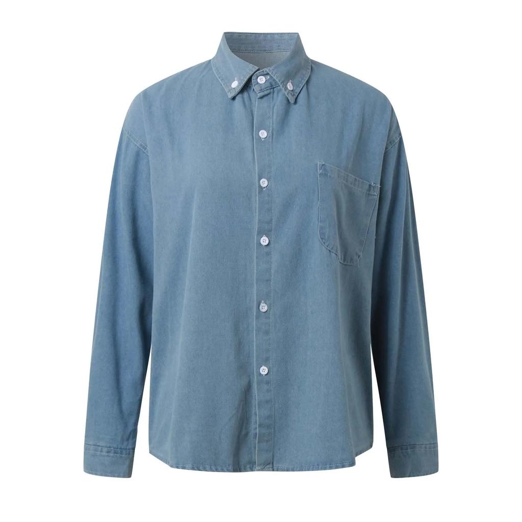 Женские джинсовые рубашки на пуговицах, блузка с длинным рукавом и V-образным вырезом, повседневные топы, удобная длинная рубашка для женщин