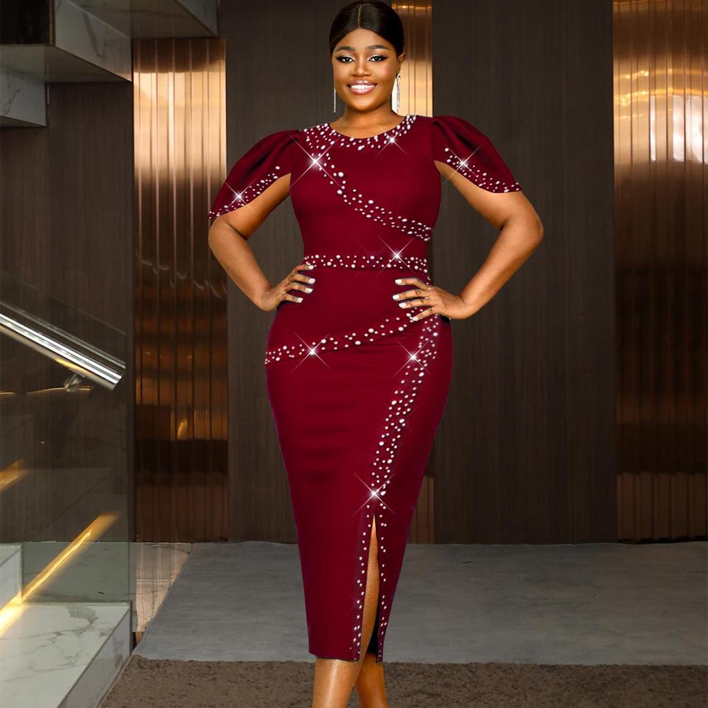 Женское Элегантное Вечернее Платье Большого Размера с Бусинами, Разрезом и Сборками